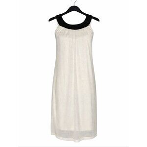 Vintage En Focus Studio Ivory Shimmer Overlay Black Trim Sleeveless Shift Dress